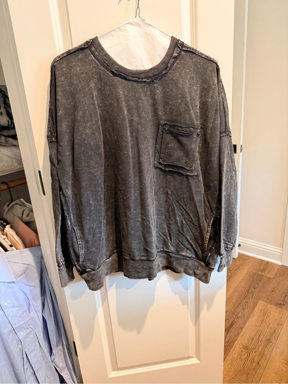 Washed Charcoal Women's Crewneck Sweater with Front Pocket